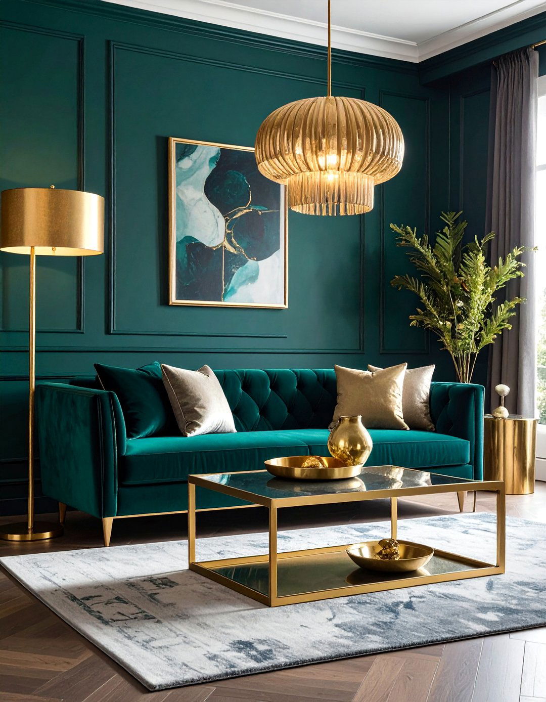 Teal Living Room with Elegant Gold Accents