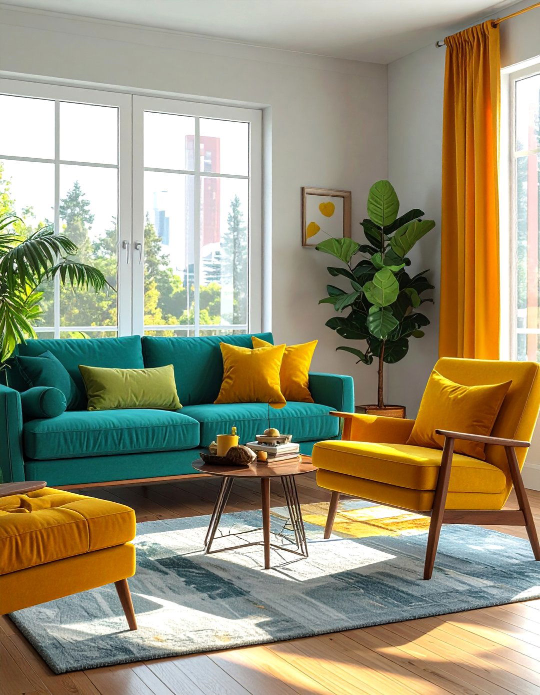 Teal Living Room with Mustard Yellow Highlights - 25 Stylish Teal Living Room Decor Ideas
