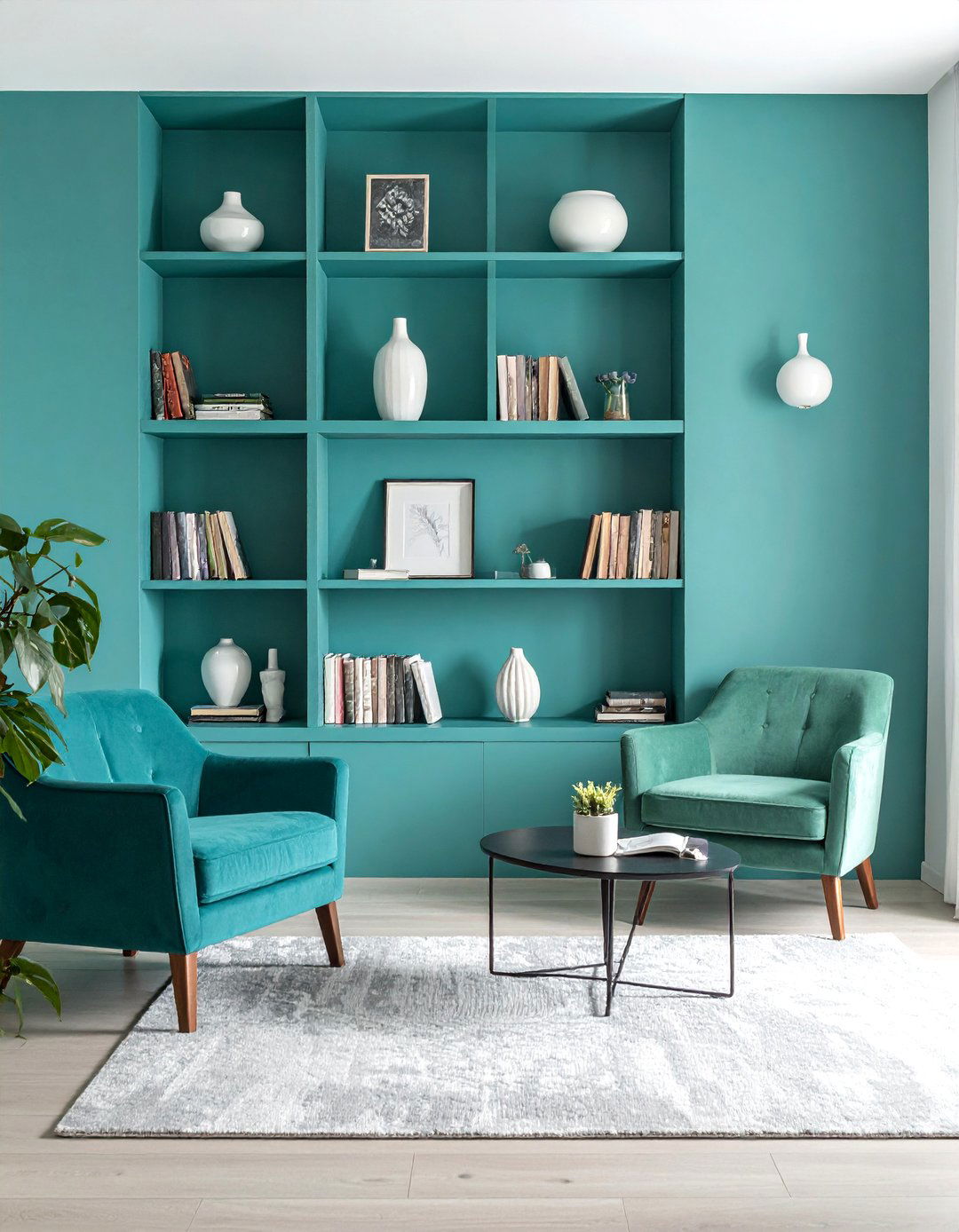 Teal Living Room with Painted Bookshelves - 25 Stylish Teal Living Room Decor Ideas