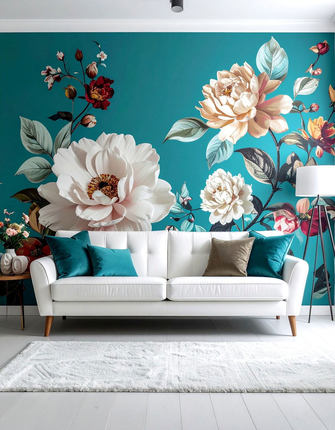 Teal Living Room with Patterned Wallpaper - 25 Stylish Teal Living Room Decor Ideas