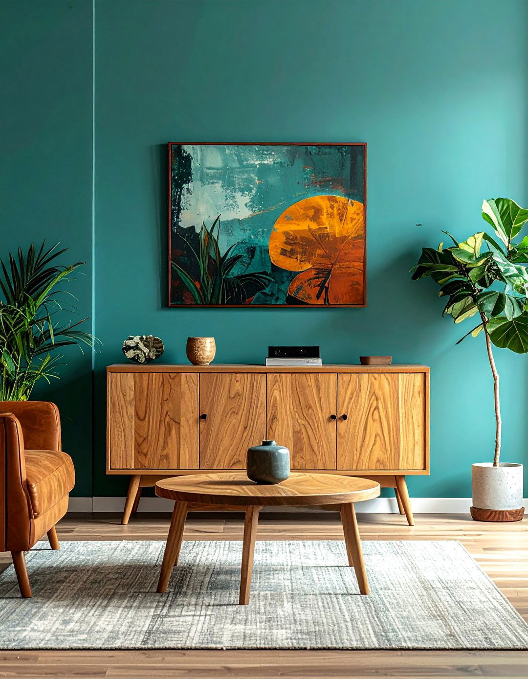 Teal Living Room with Warm Wood Tones - 25 Stylish Teal Living Room Decor Ideas