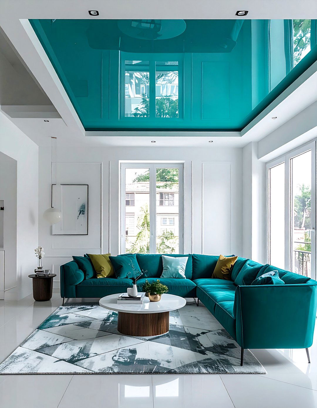 Teal Living Room with a Painted Ceiling - 25 Stylish Teal Living Room Decor Ideas