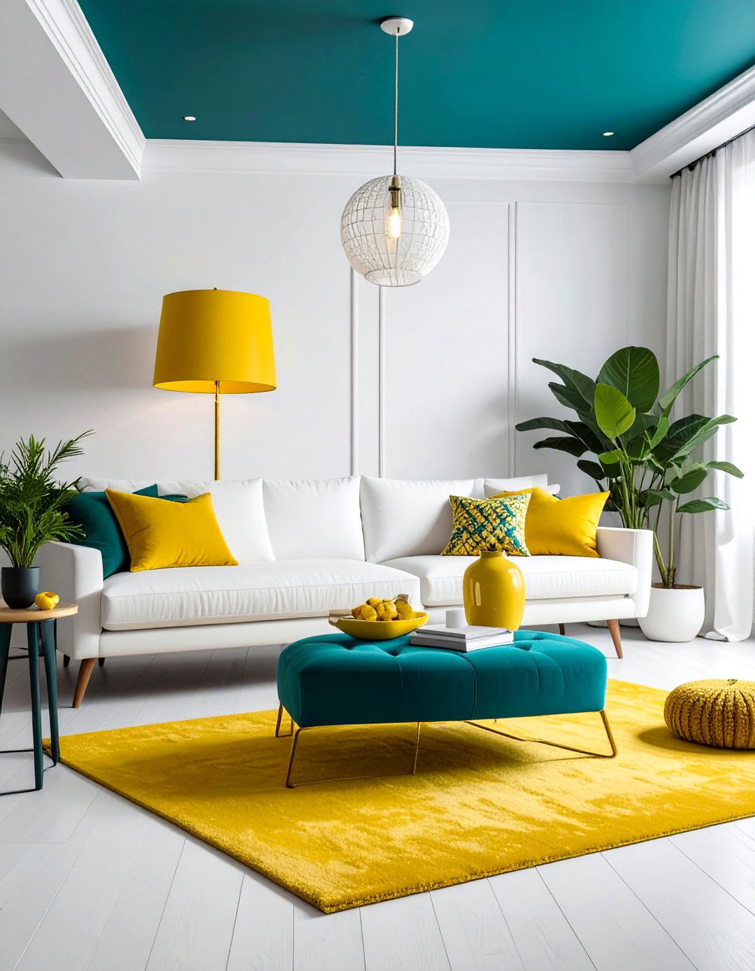 Teal Painted Ceiling with Yellow Accents - 25 Vibrant Teal and Yellow Living Room Ideas