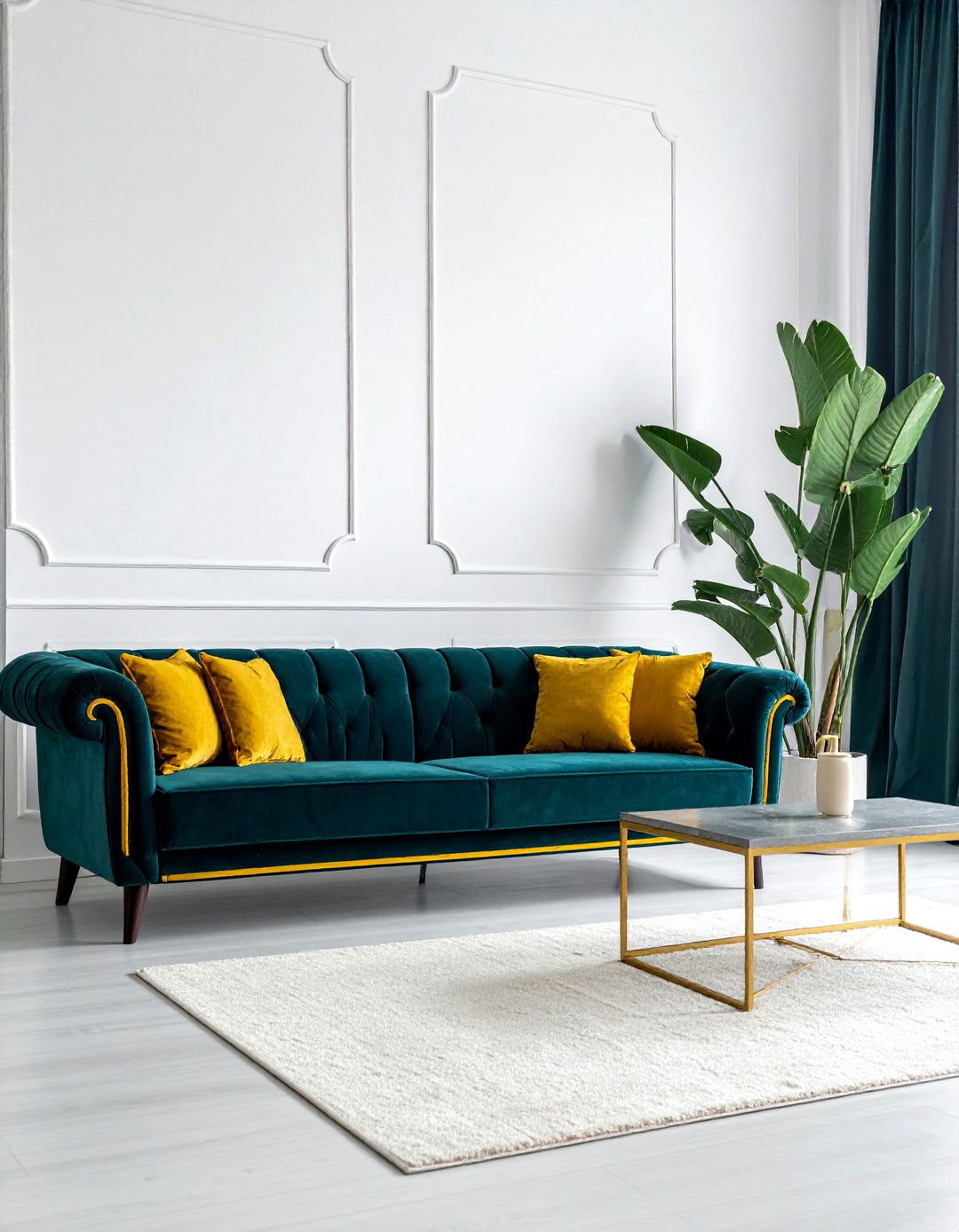 Teal Velvet Sofa with Yellow Piping - 25 Vibrant Teal and Yellow Living Room Ideas
