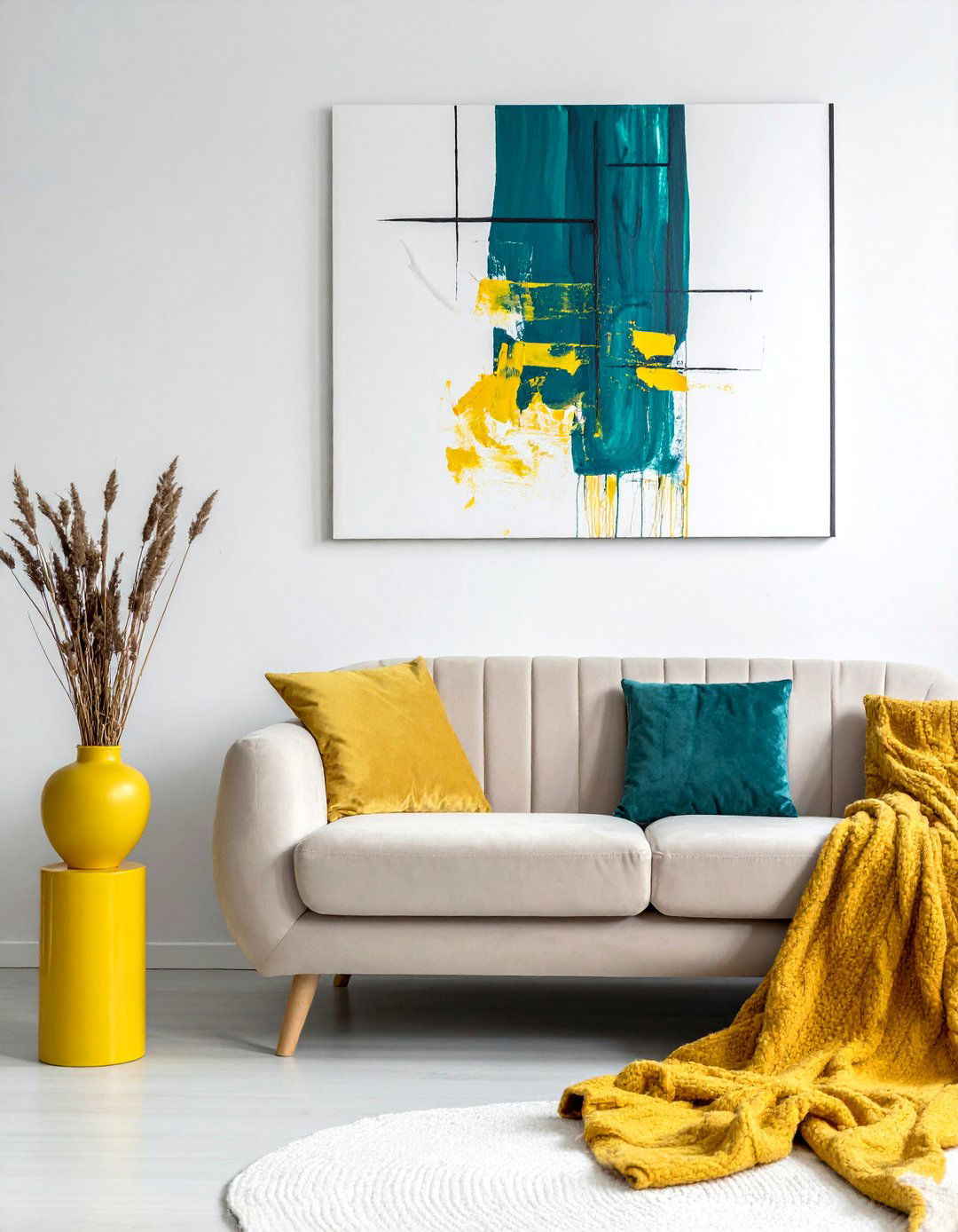 Teal and Yellow Abstract Wall Art - 25 Vibrant Teal and Yellow Living Room Ideas