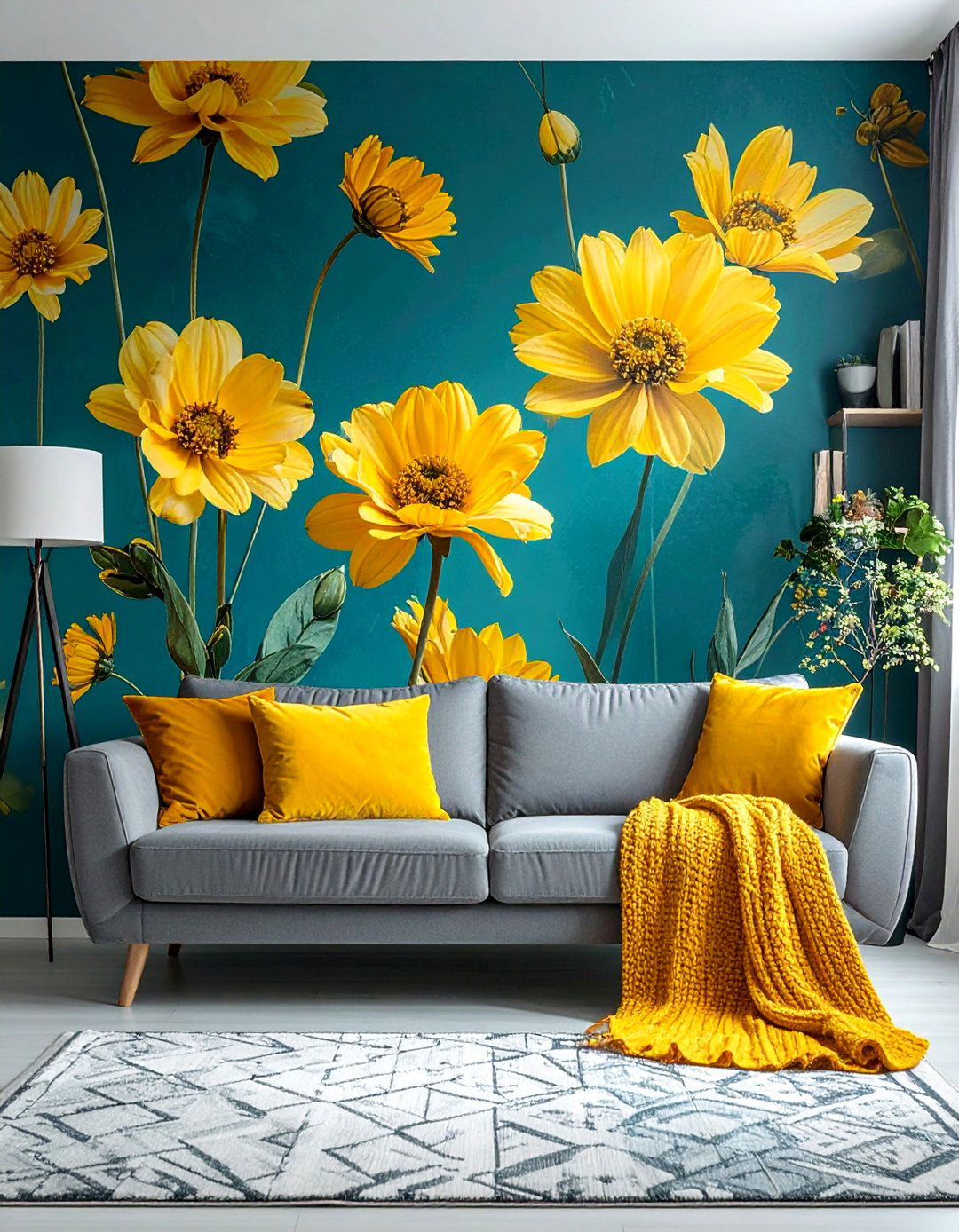 Teal and Yellow Floral Wallpaper - 25 Vibrant Teal and Yellow Living Room Ideas