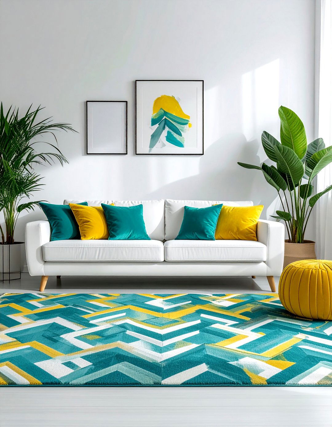Teal and Yellow Geometric Patterned Rug - 25 Vibrant Teal and Yellow Living Room Ideas