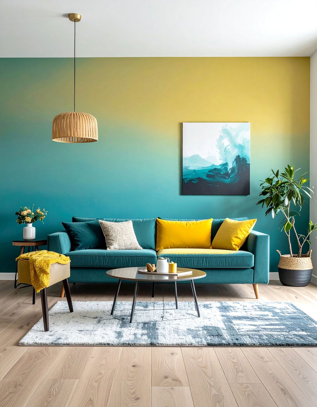Teal and Yellow Ombre Wall Effect - 25 Vibrant Teal and Yellow Living Room Ideas
