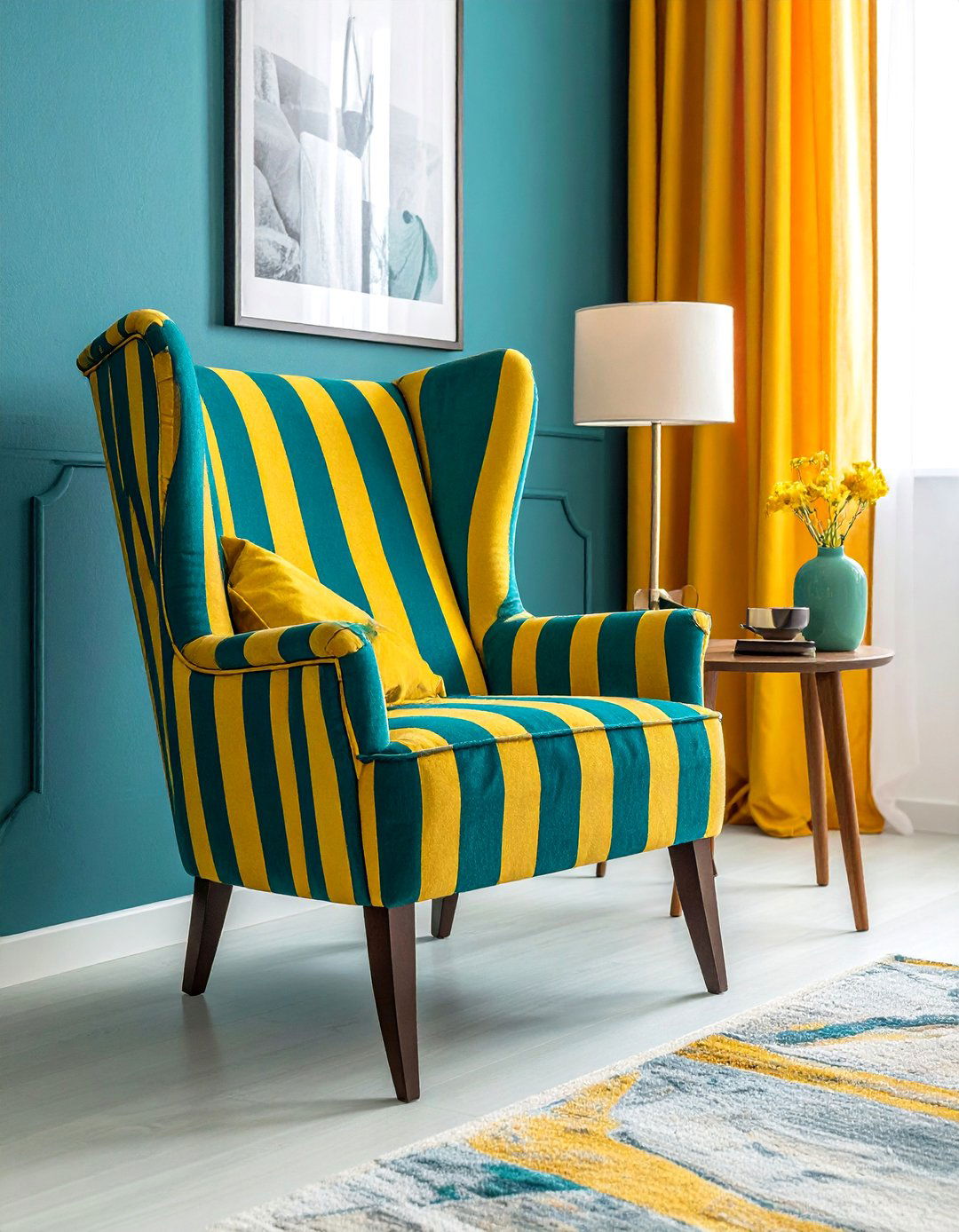 Teal and Yellow Striped Accent Chair