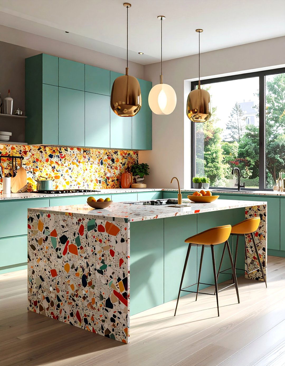 Terrazzo Pattern Waterfall Design - 15 Waterfall Kitchen Island Ideas for Modern Homes