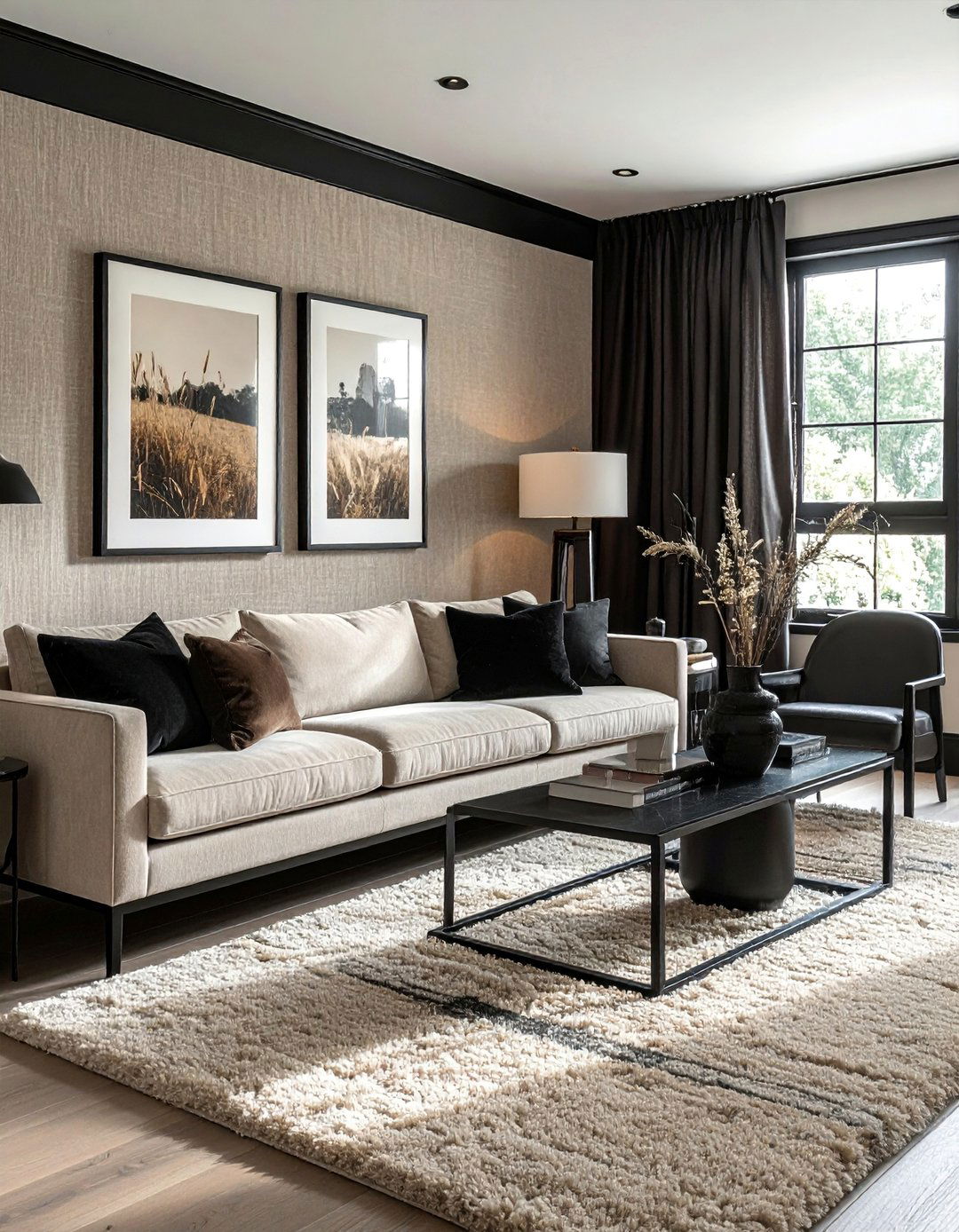 Textured Beige Wallpaper with Black Accents - 30 Black and Beige Living Room Ideas for a Neutral Palette