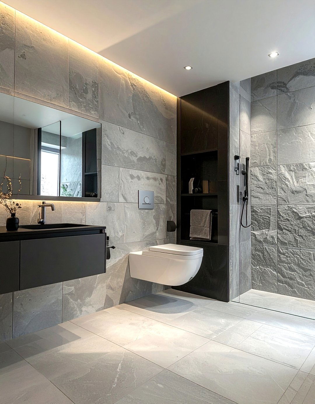 Textured Grey Wall Tiles for a Sensory Experience - 20 Black and Grey Bathroom Ideas for a Stylish Retreat
