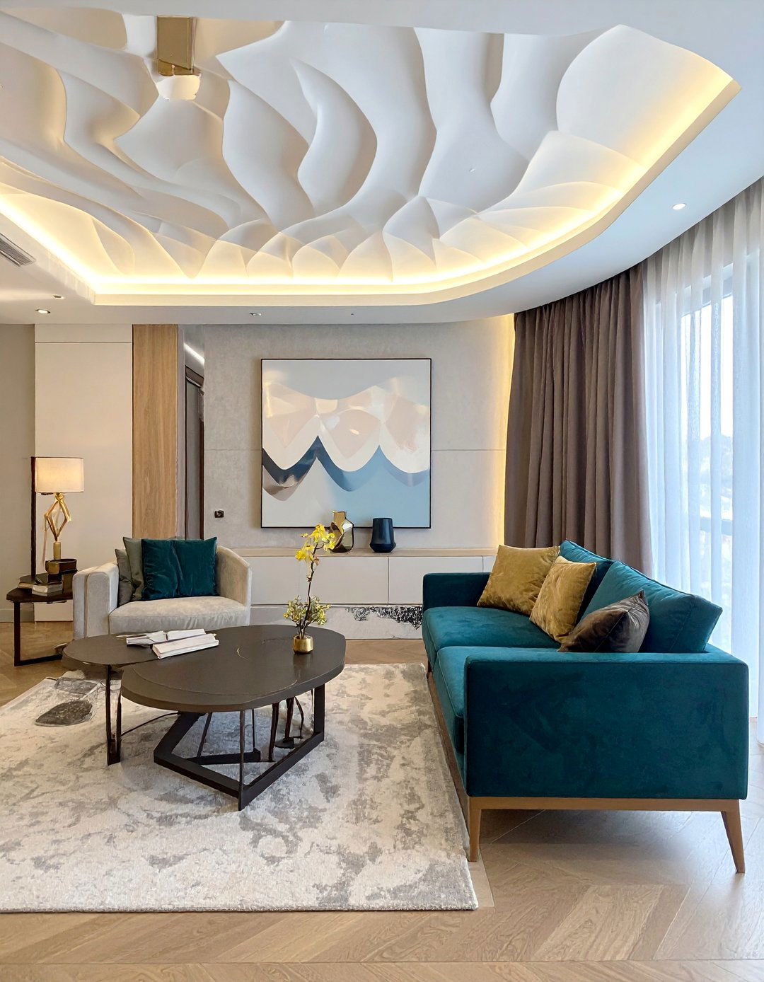 Textured Gypsum Ceiling with Artistic Patterns - 20 Living Room False Ceiling Design Ideas for Elegance