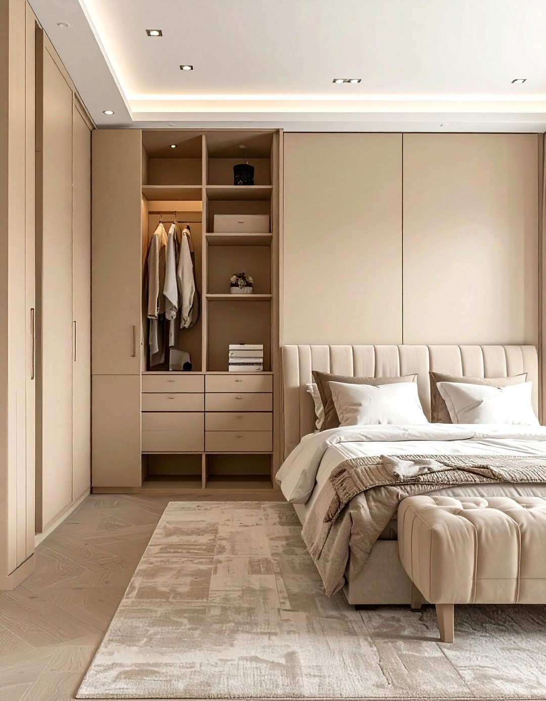 The Beige Bedroom with Elegant Built In Storage - 30 Beige Bedroom Ideas for a Serene Retreat
