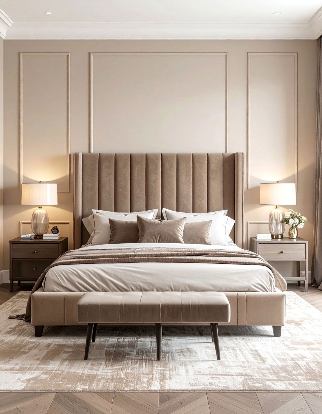 The Beige Bedroom with an Upholstered Headboard - 30 Beige Bedroom Ideas for a Serene Retreat