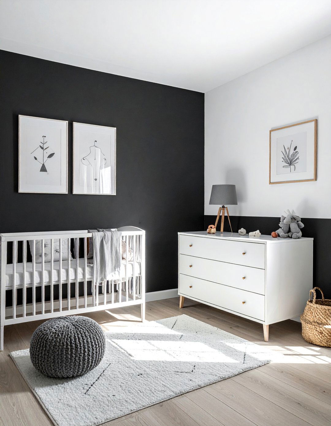 The Half Painted Wall Technique in a Black and White Nursery - 25 Black and White Nursery Ideas for Timeless Style