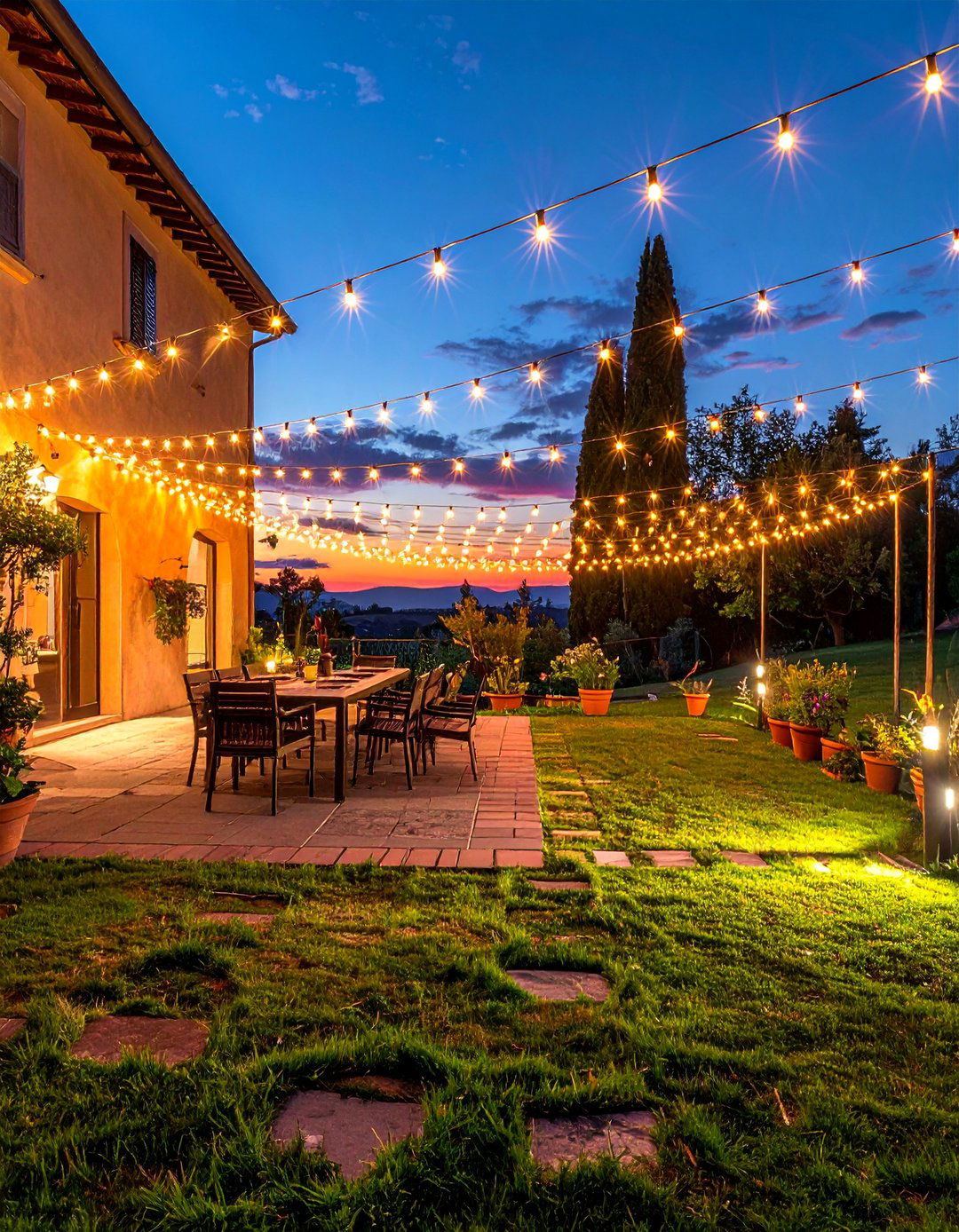 The Italian Patio Illuminated by String Lights - 20 Italian Patio Ideas for a Mediterranean Outdoor Oasis