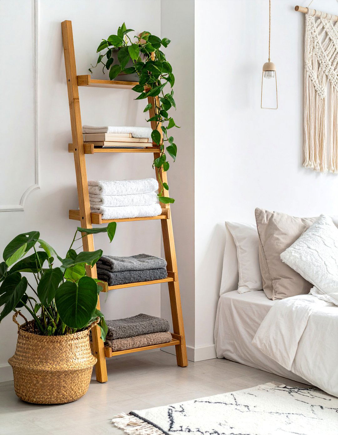 The Leaning Ladder Bedroom Corner Shelf - 15 Bedroom Corner Ideas to Enhance Small Spaces