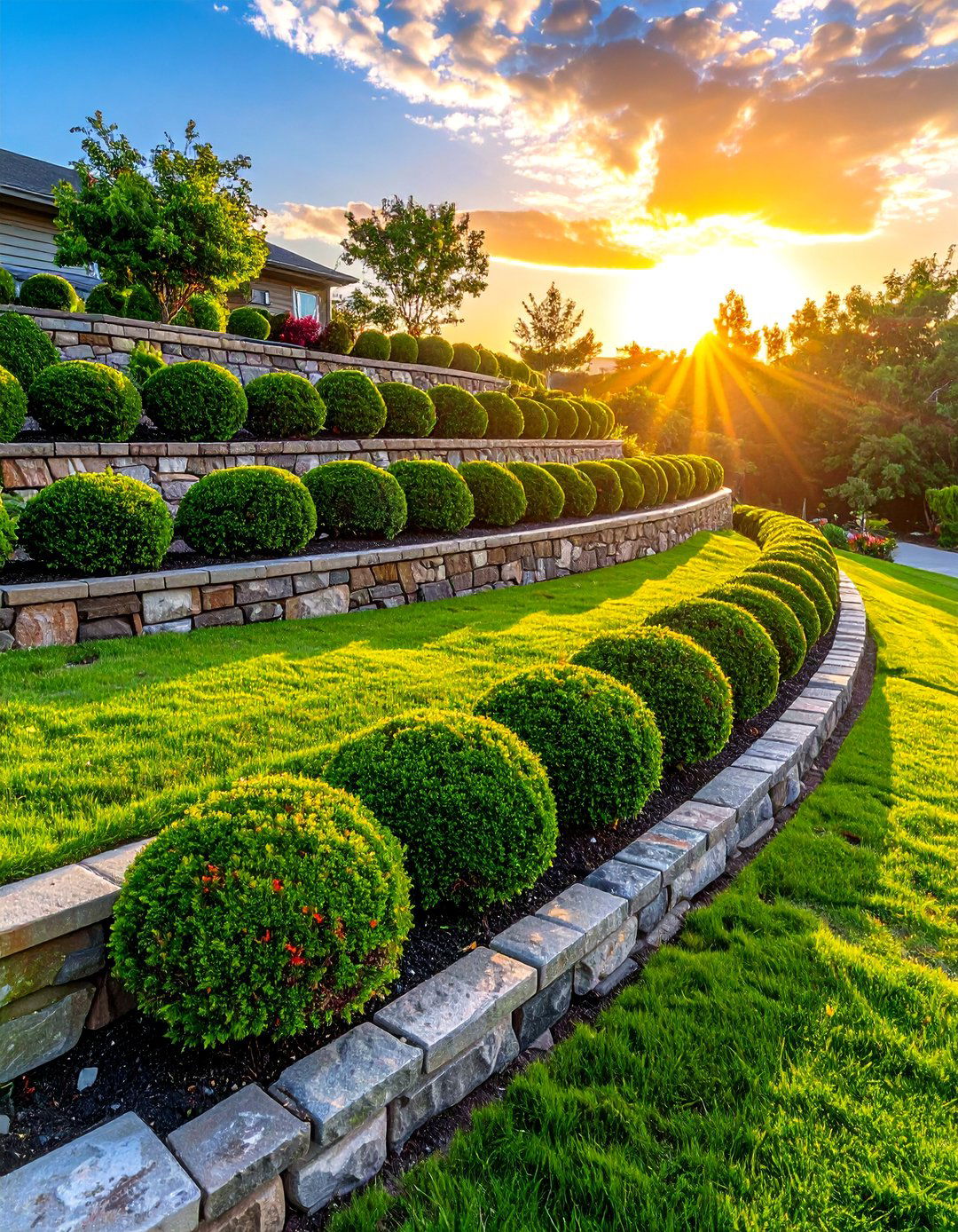 Tiered Boxwood Shrub Plantings on Slopes - 20 Front Yard Boxwood Shrubs for Elegant Landscaping