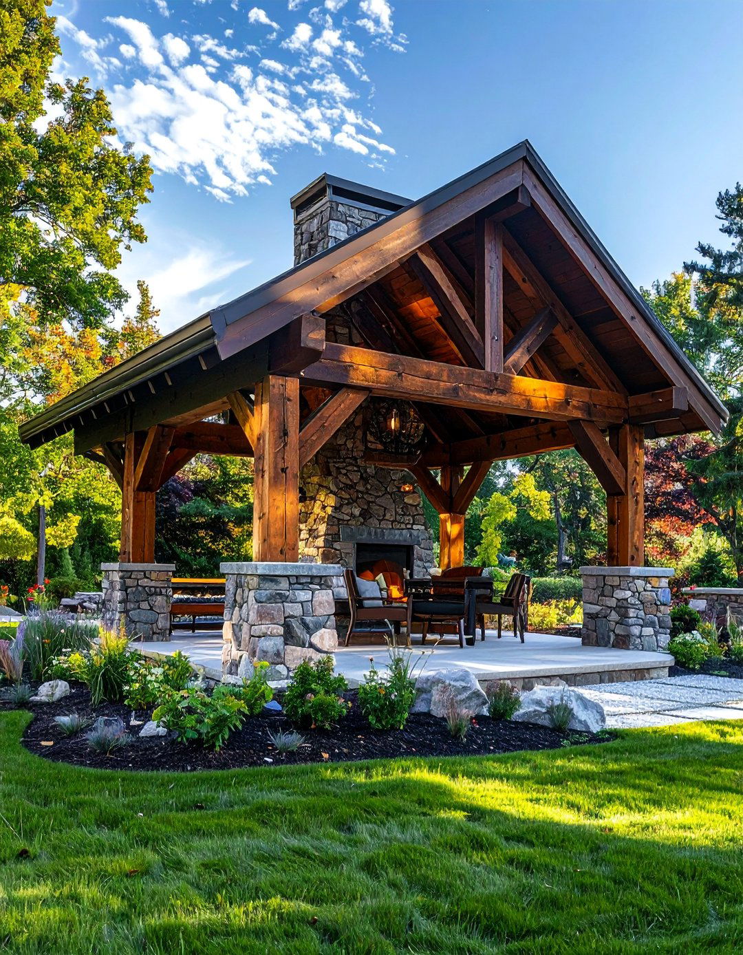 Timber Frame Pavilion with Exposed Beam Design - 25 Gazebo With Fireplace Ideas for Cozy Outdoor Living