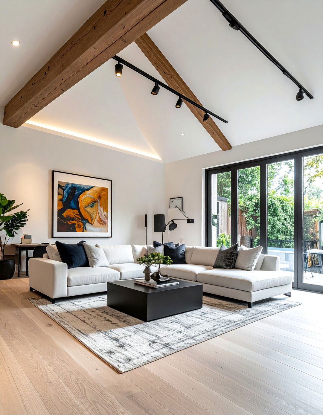 Track Lighting Along Beams of a Vaulted Ceiling - 25 Living Room Vaulted Ceiling Ideas for Spacious Charm