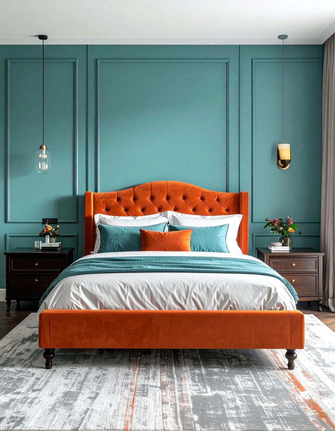 Traditional Bedroom with Orange Upholstered Headboard - 20 Teal and Orange Color Scheme Ideas for Your Rooms