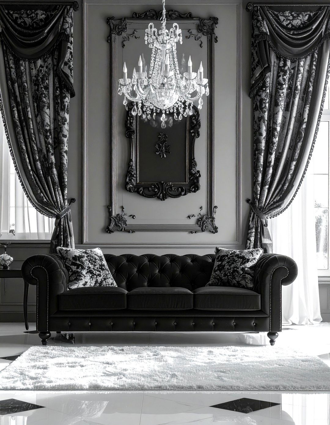 Traditional Black and White Living Room with Ornate Details - 30 Black and White Living Room Ideas for Timeless Style