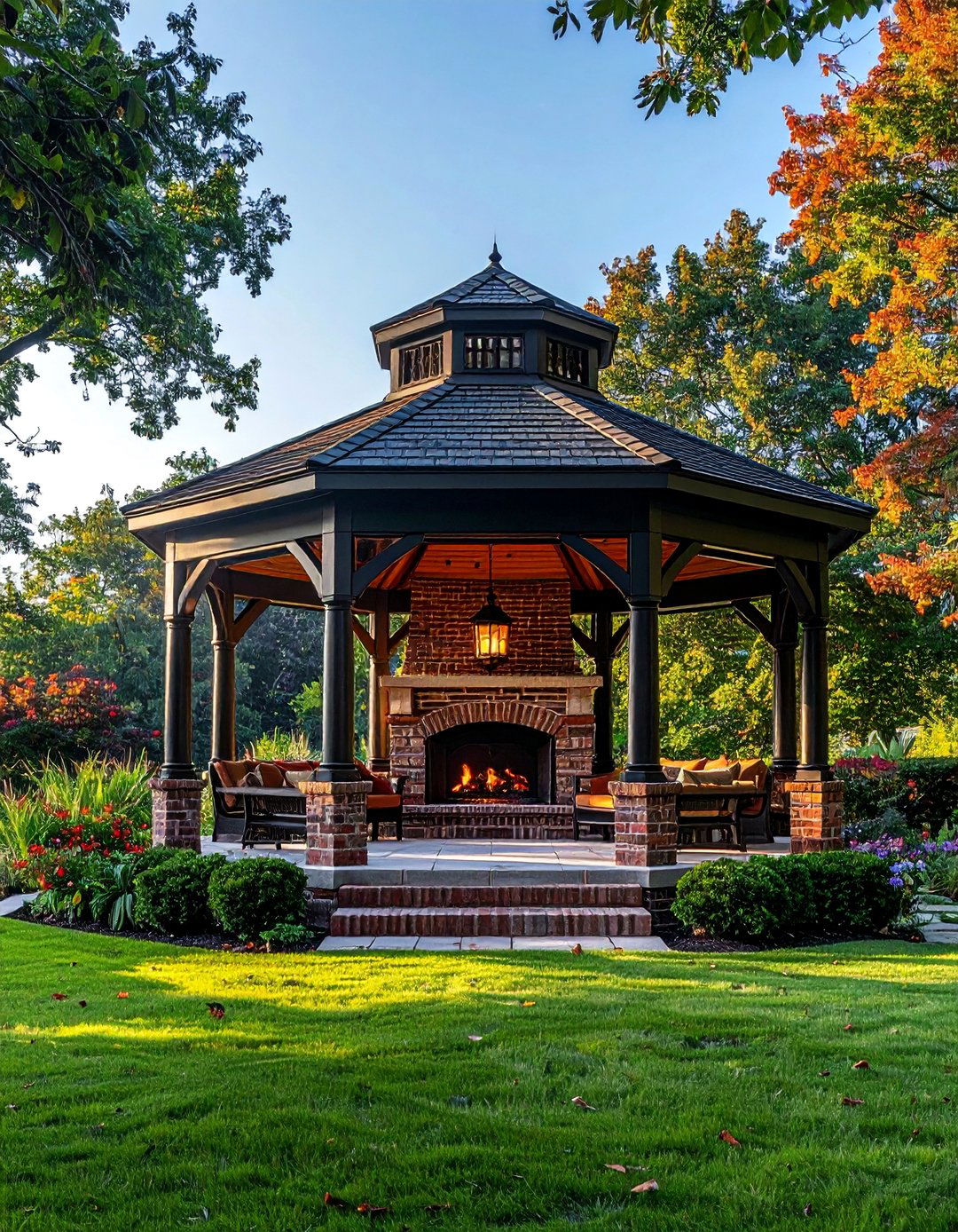 Traditional Hexagonal with Brick Fireplace - 25 Gazebo With Fireplace Ideas for Cozy Outdoor Living