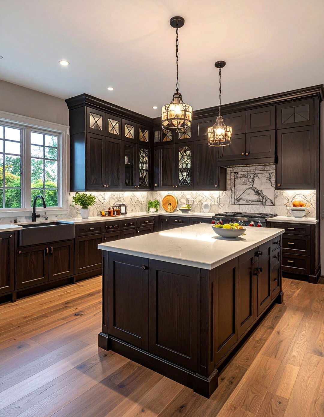 Traditional Kitchen with Dark Wood and Leaded Glass Cabinets - 30 Dark Wood Kitchen Cabinets for a Timeless Look
