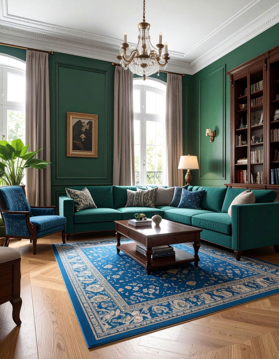 Traditional Living Room with Hunter Green and Classic Blue - 20 Blue and Green Living Room Ideas for a Fresh Look