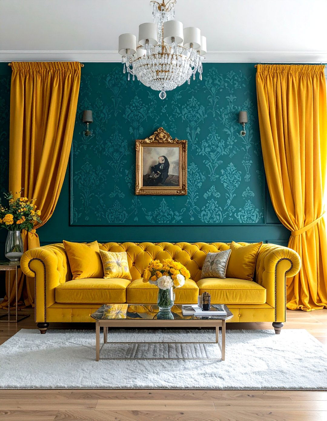 Traditional Living Room with Teal and Yellow - 25 Vibrant Teal and Yellow Living Room Ideas