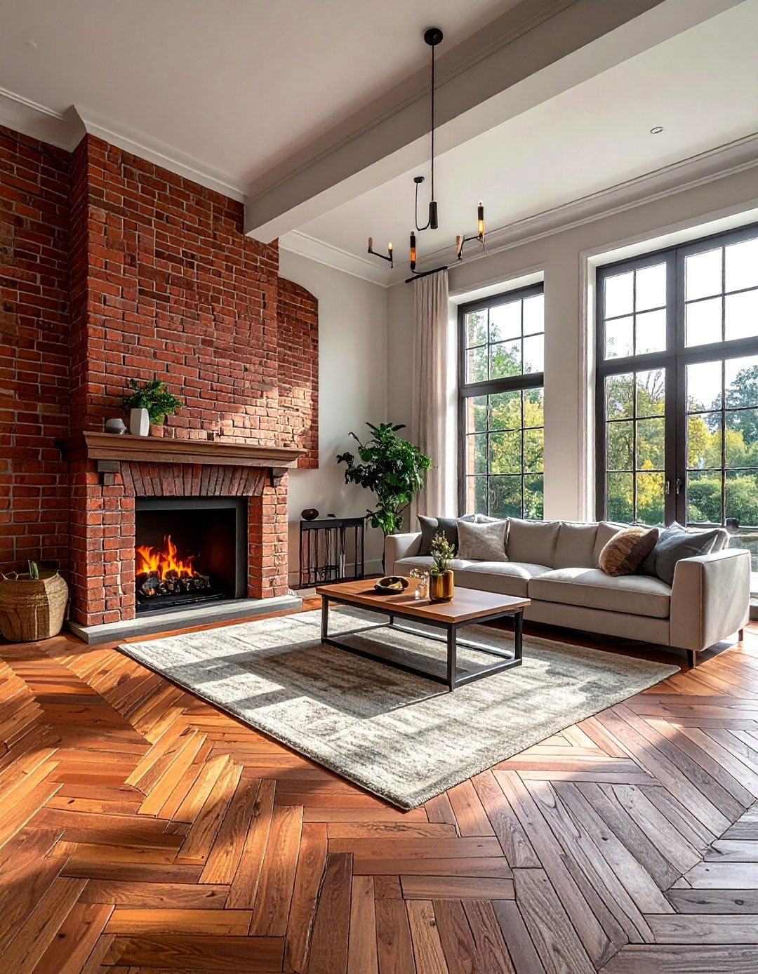 Traditional Red Brick Herringbone Pattern - 25 Stunning Two-Story Fireplace Design Ideas