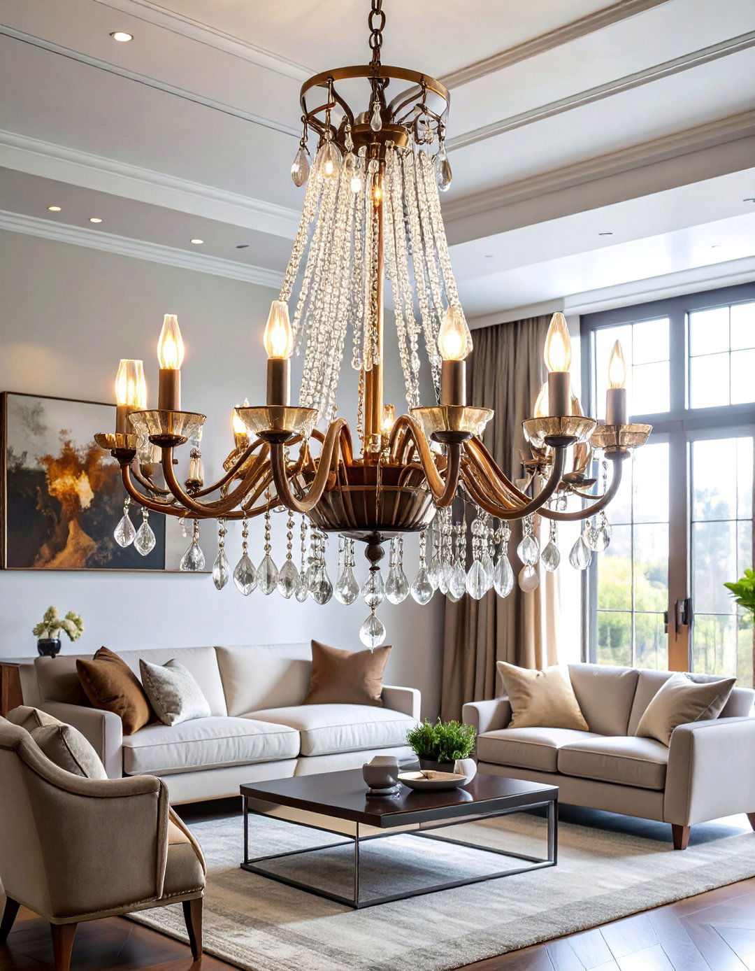 Transitional Bronze and Crystal Chandelier - 30 Living Room Chandelier Ideas for Elegant Spaces