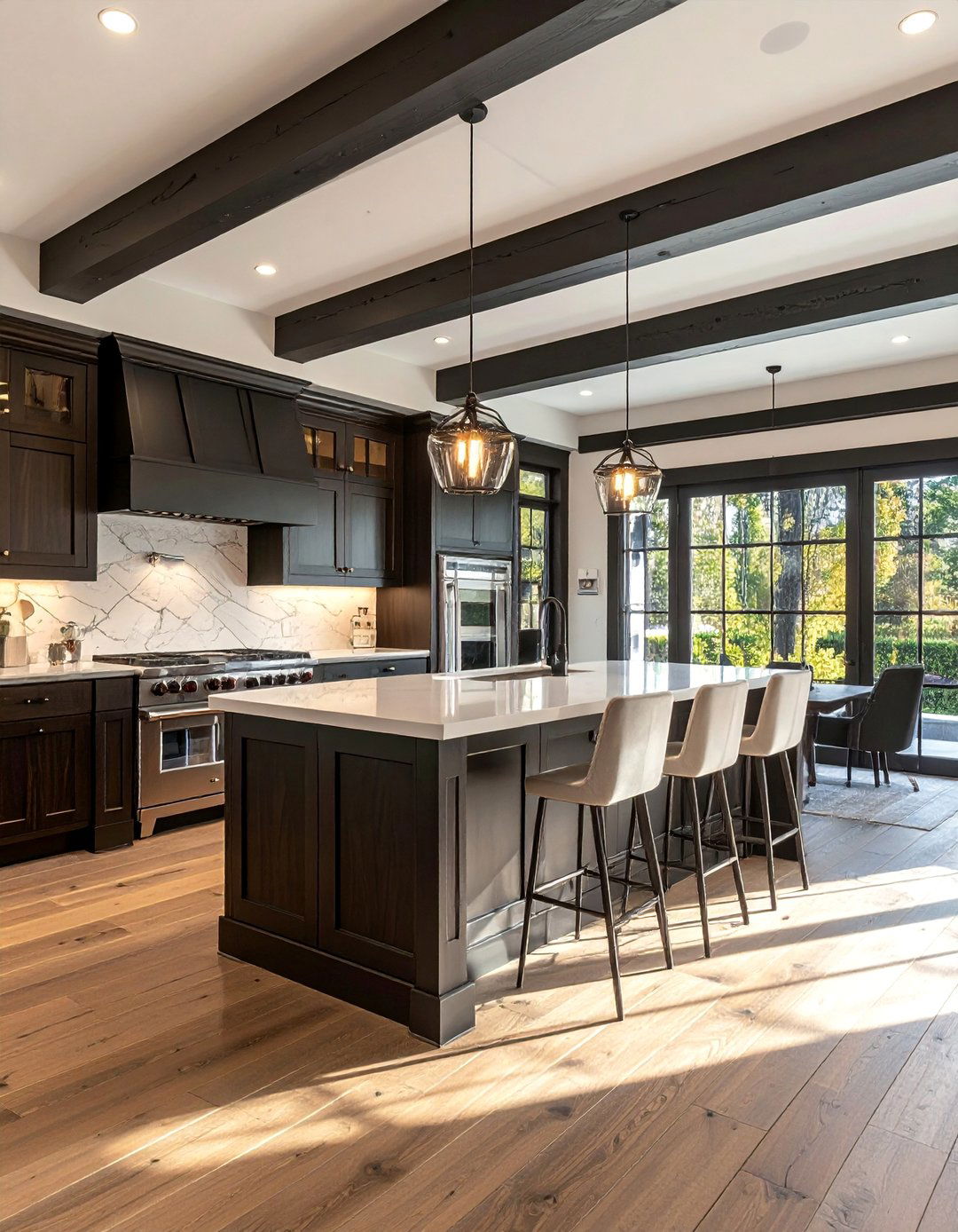 Transitional Kitchen with Dark Wood Beamed Ceilings - 30 Dark Wood Kitchen Cabinets for a Timeless Look