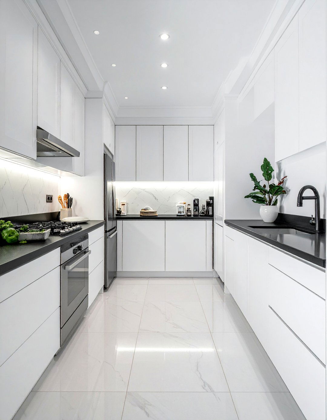 Transitional White Kitchen with Paneled Appliances and Black Countertops - 40 White Kitchen Ideas with Black Countertops