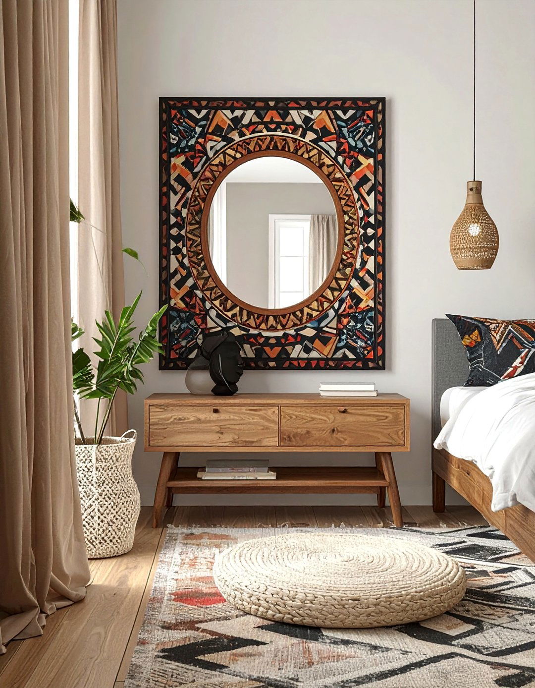 Tribal Pattern Frame Mirrors - 30 Mirror Behind Nightstand Ideas for Stylish Bedrooms