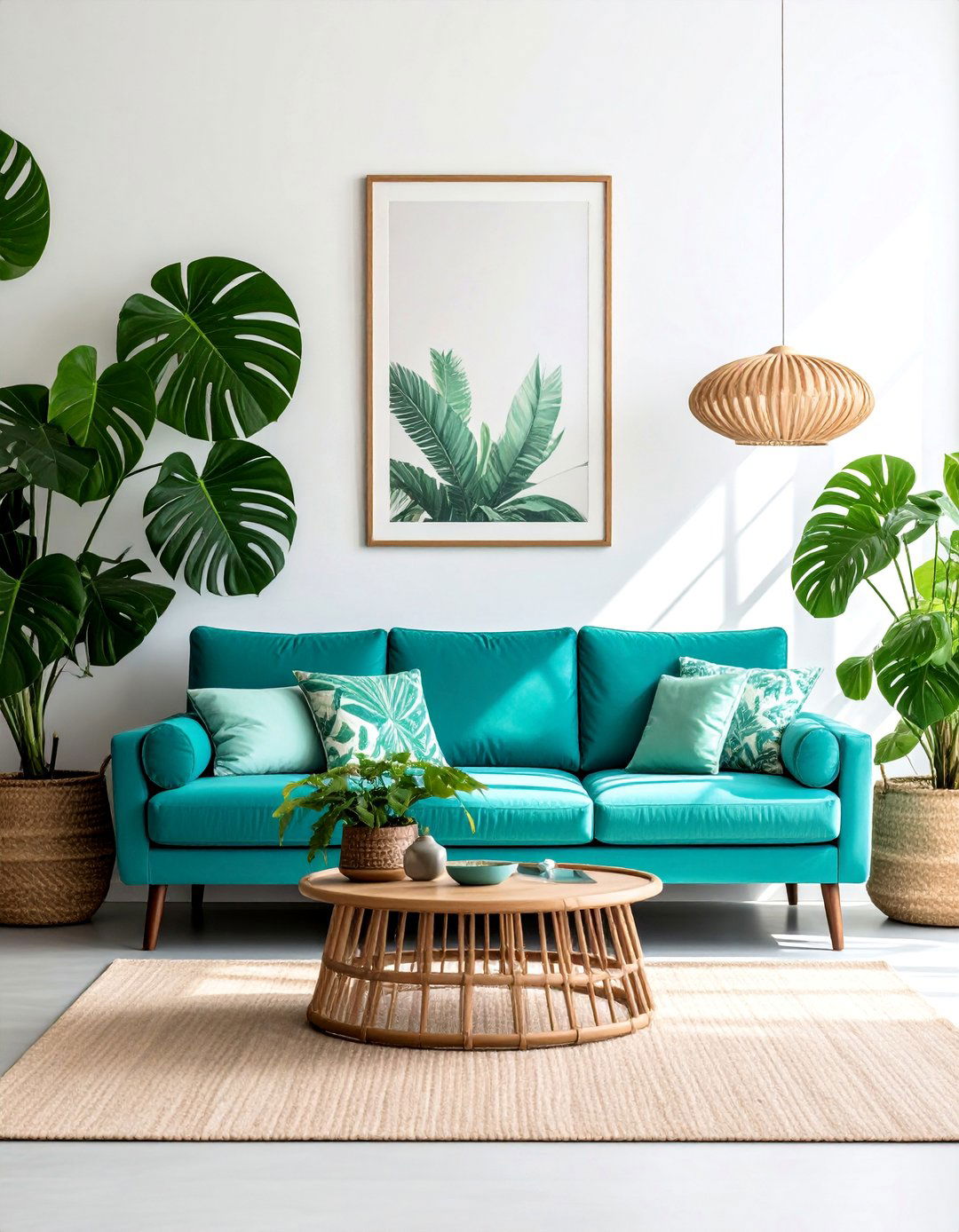 Tropical Living Room with Turquoise Blue and Leafy Green - 20 Blue and Green Living Room Ideas for a Fresh Look