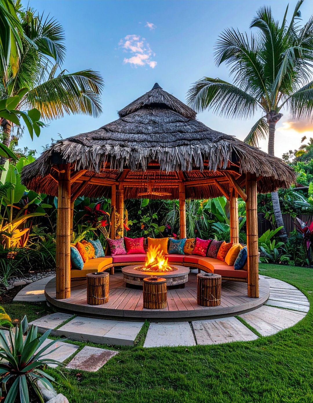 Tropical Tiki Gazebo with Fire Pit Lounge - 25 Gazebo With Fireplace Ideas for Cozy Outdoor Living