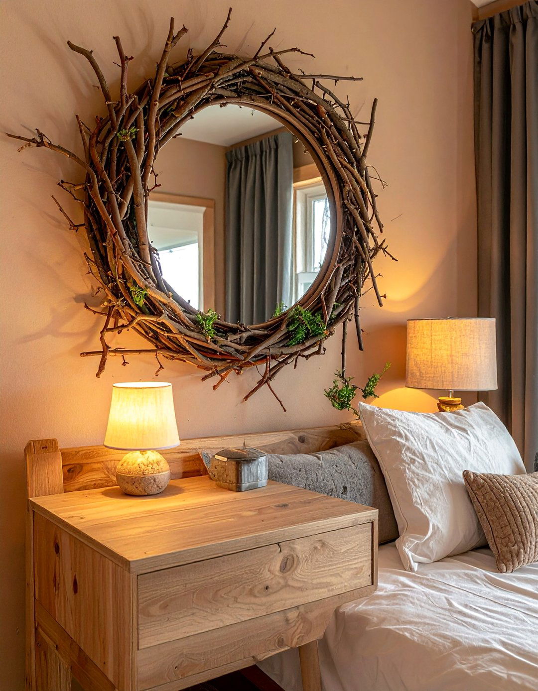 Twig and Branch Natural Mirrors - 30 Mirror Behind Nightstand Ideas for Stylish Bedrooms