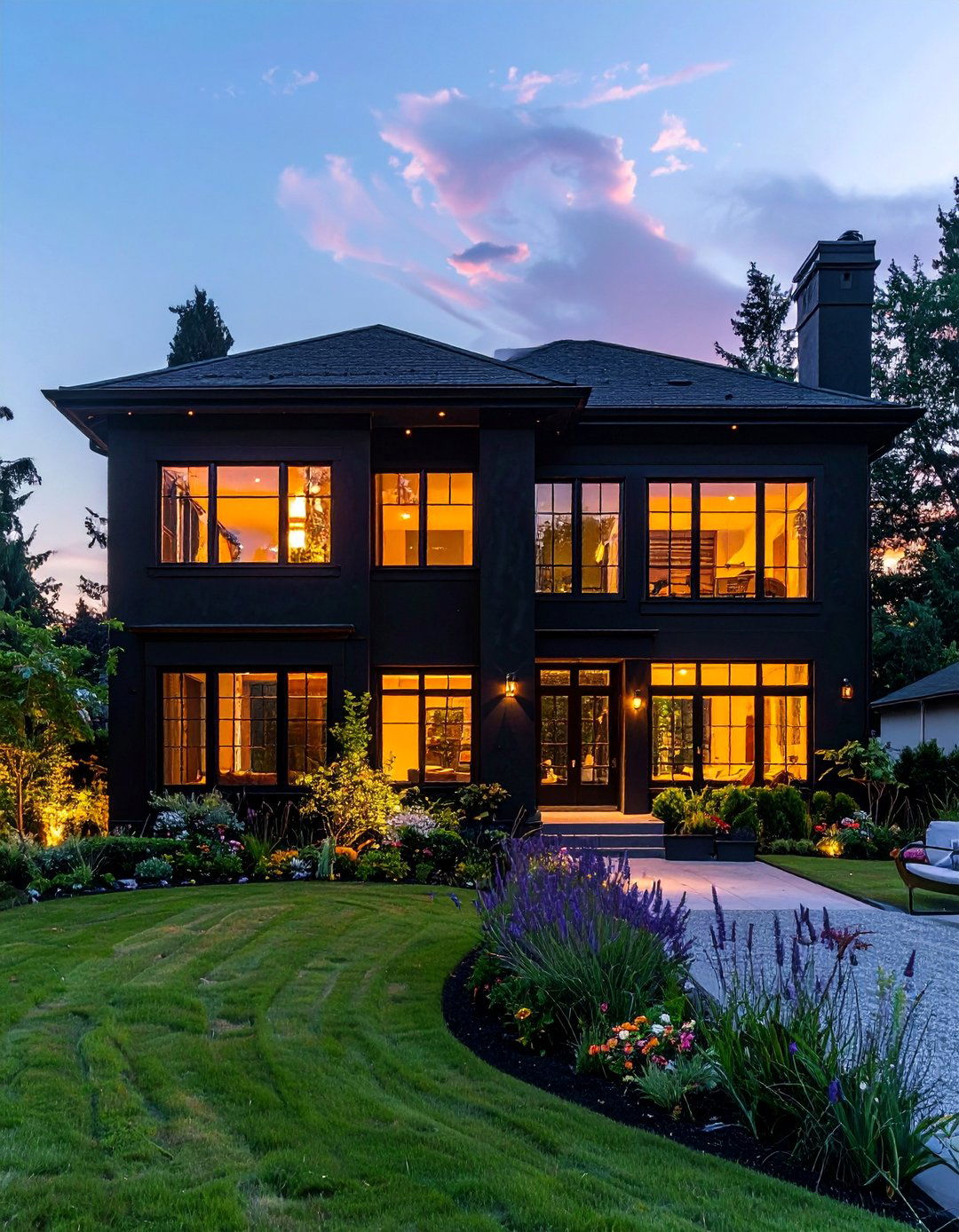 Two Story Black Stucco House with Large Windows - 20 Black Stucco House Ideas for a Bold Exterior