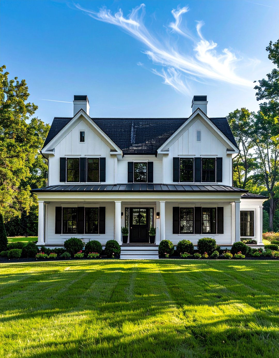Two Story White Farmhouse with Symmetrical Black Windows - 25 White Farmhouse With Black Windows Ideas