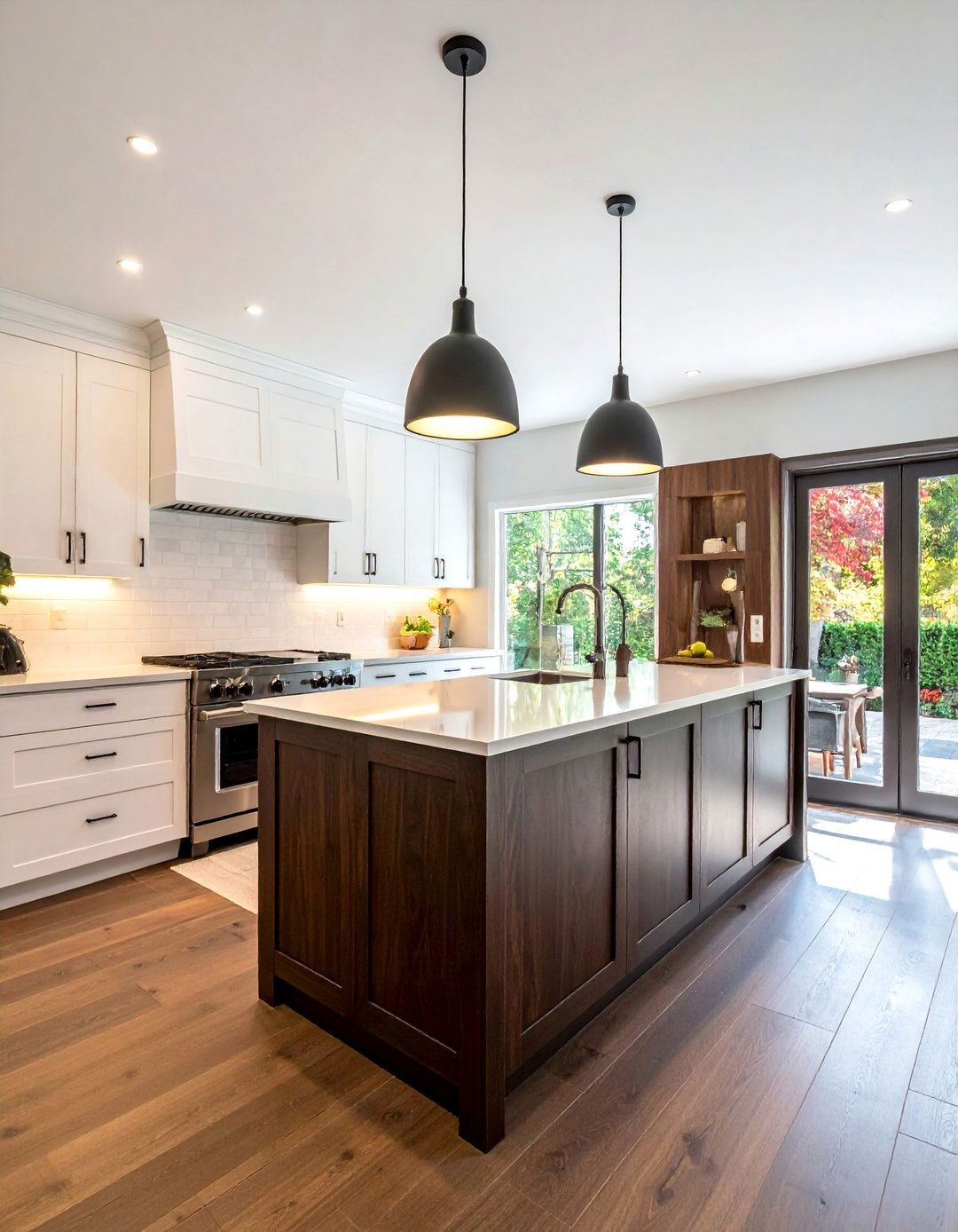Two Tone Kitchen with Dark Wood Lower Cabinets - 30 Dark Wood Kitchen Cabinets for a Timeless Look