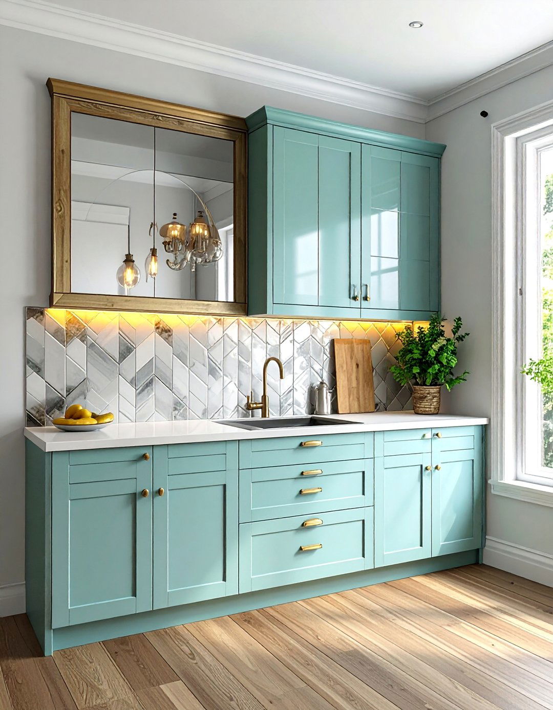 Two Tone Mirror Combination - 30 Mirrored Backsplash Kitchen Ideas for a Sleek Look