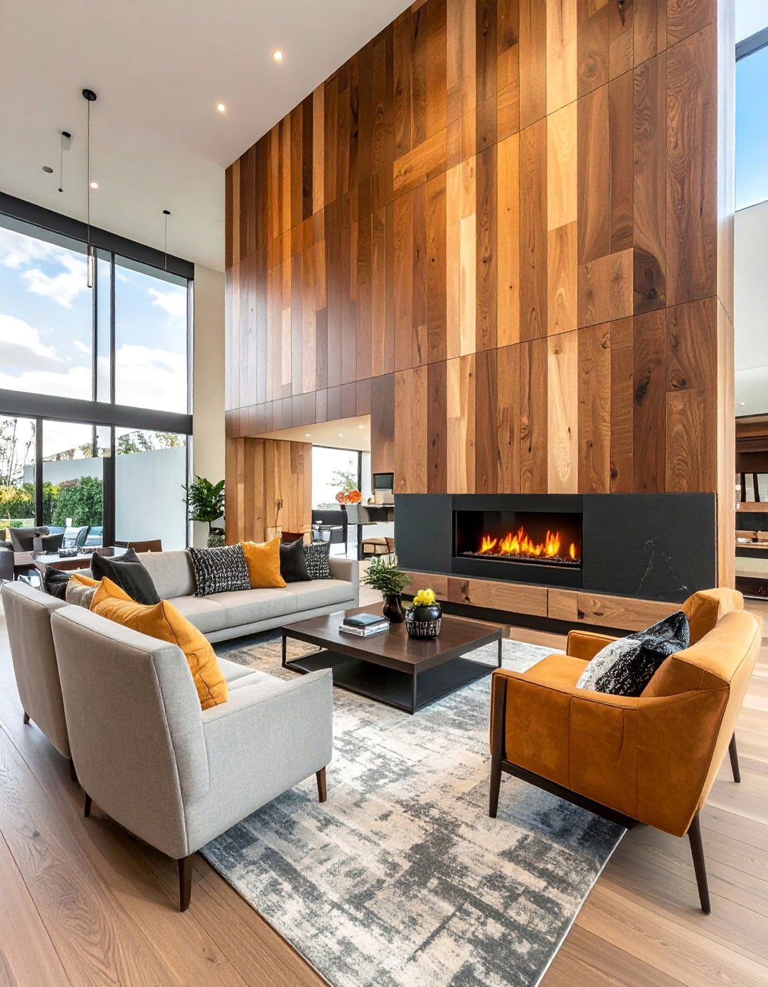 Two Tone Wood Plank Feature Wall - 25 Stunning Two-Story Fireplace Design Ideas