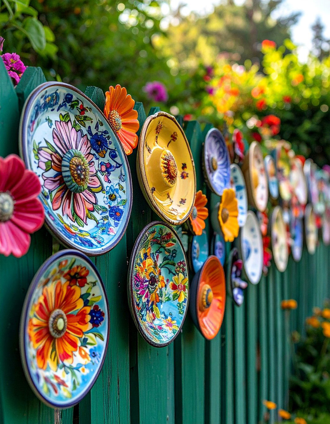 Upcycled Plate Flower Fence Art - 20 Fence Art Ideas to Beautify Your Outdoor Space