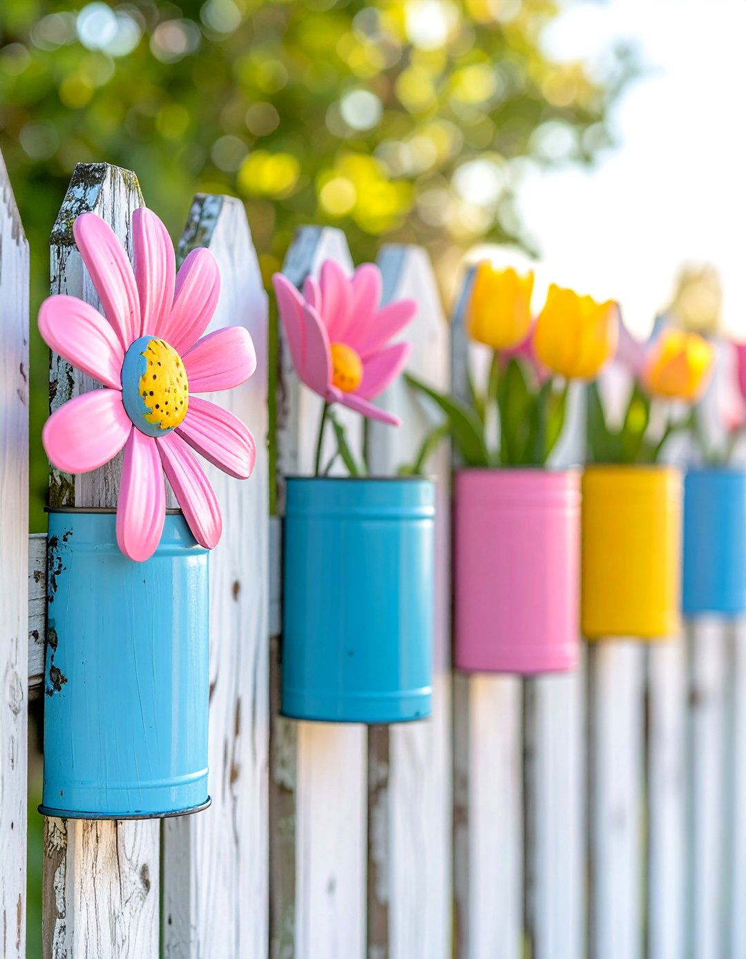 Upcycled Tin Can Flower Fence Art - 20 Fence Art Ideas to Beautify Your Outdoor Space