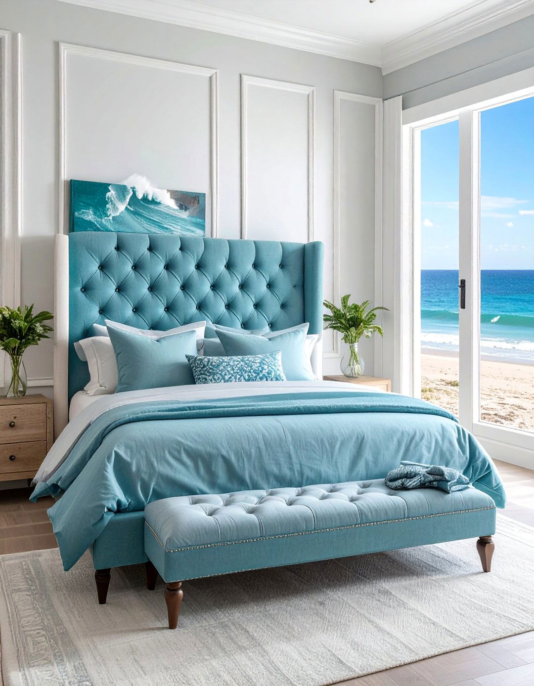 Upholstered Headboard in a Watery Blue Hue for an Ocean themed Bedroom - 40 Ocean-themed Bedroom Ideas for a Serene Retreat