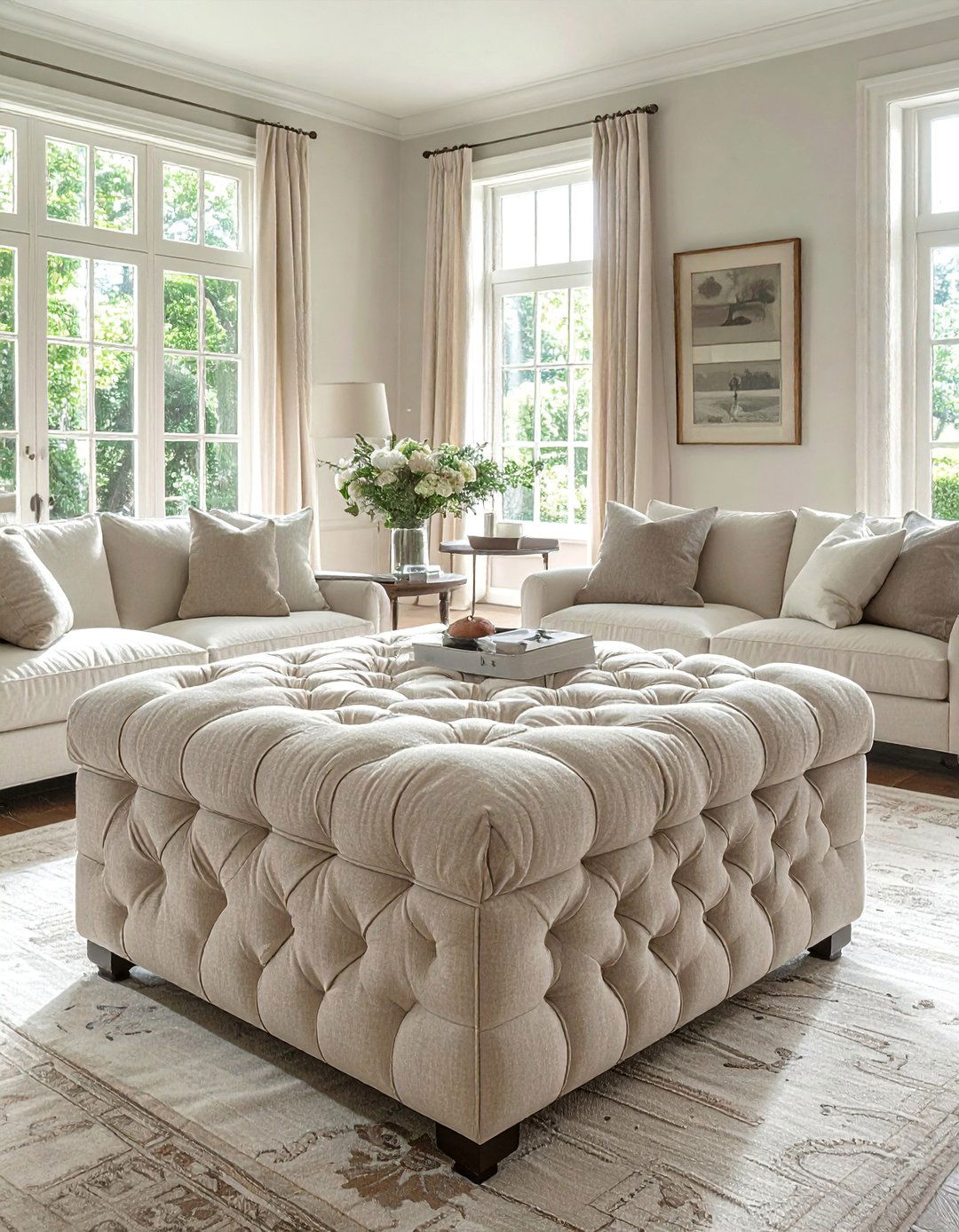 Upholstered Ottoman with Tufting - 40 French Country Living Room Ideas for a Cozy Space