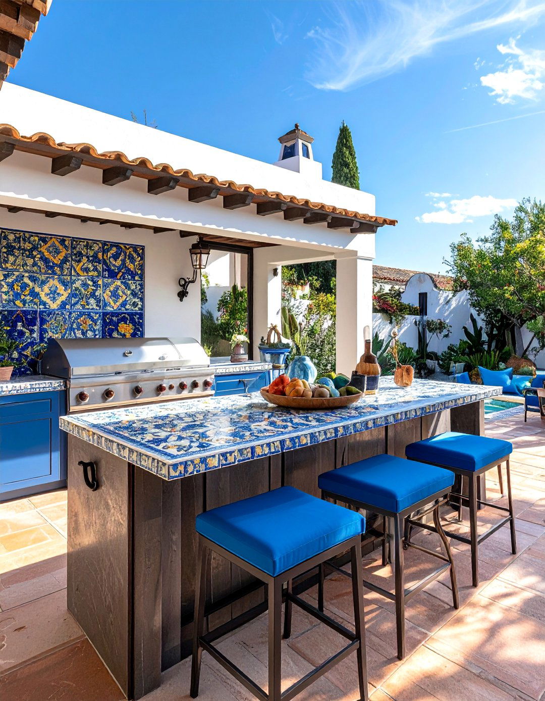 Using Mediterranean Blue Accents - 20 Spanish Style Outdoor Kitchen Ideas for Your Backyard