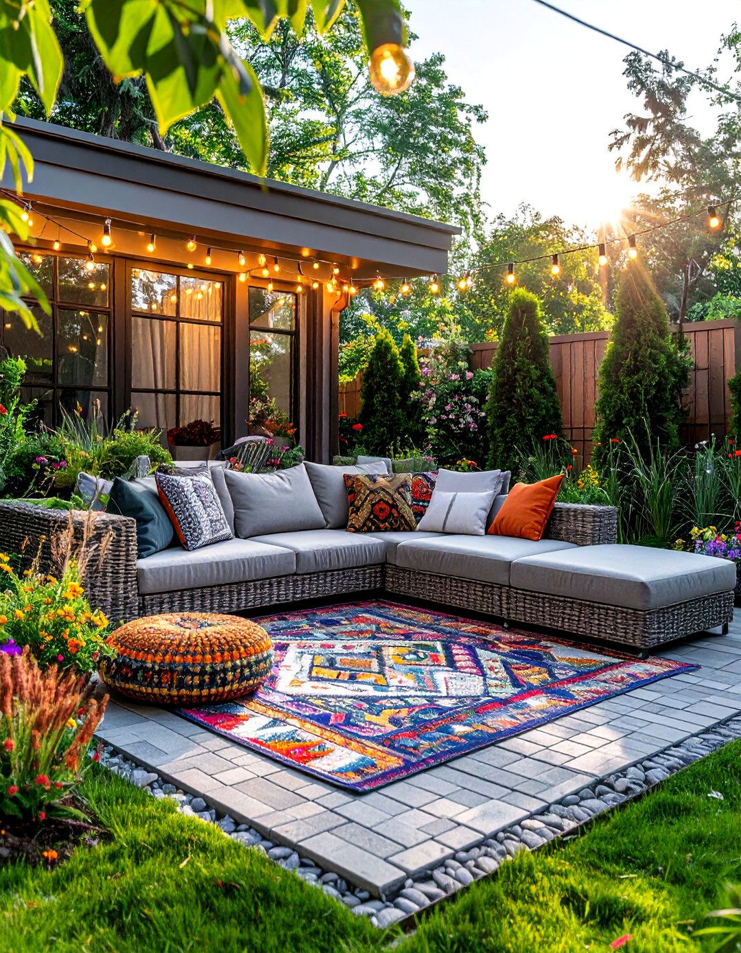 Using Outdoor Rugs and Furniture for a Corner Living Space - 30 Corner Landscaping Ideas for a Beautiful Yard